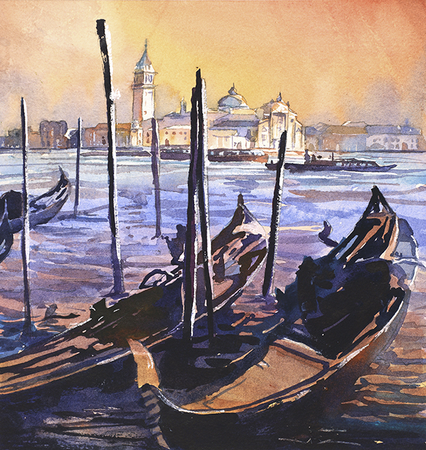 600x634 Venice, Italy Watercolor Painting With Church Amp Gondolas