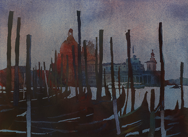 600x437 Watercolor Painting Gondola Boats In Venice, Italy