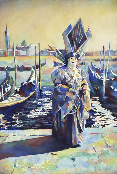 375x557 Watercolor Painting Of Masked Person During Carnival In Venice