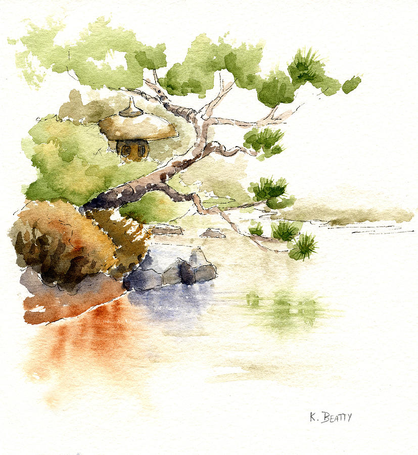 827x900 Japanese Garden Pond Sketch Painting By Karla Beatty