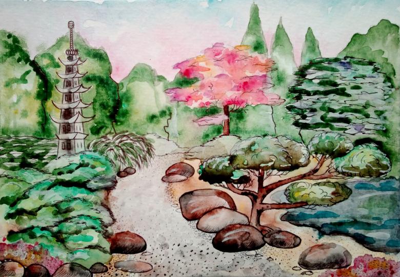 780x541 Japanese Garden Watercolor Painting