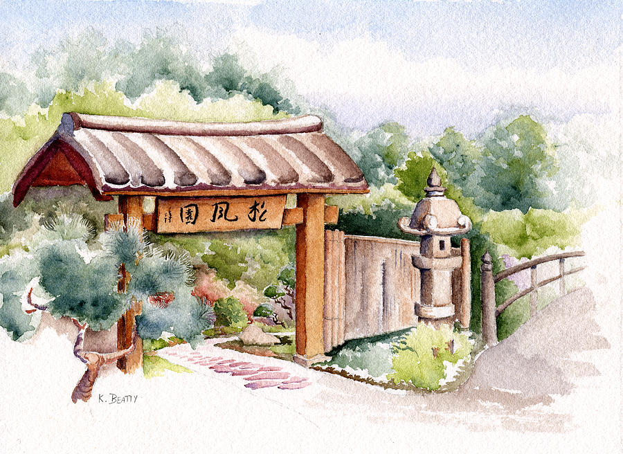 900x656 Watercolor Japanese Garden Gate Painting By Karla Beatty
