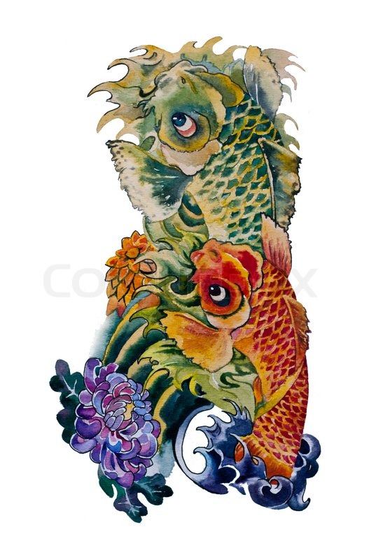 527x800 Koi Fish Japanese Tattoo Design Original Watercolor Stock Photo