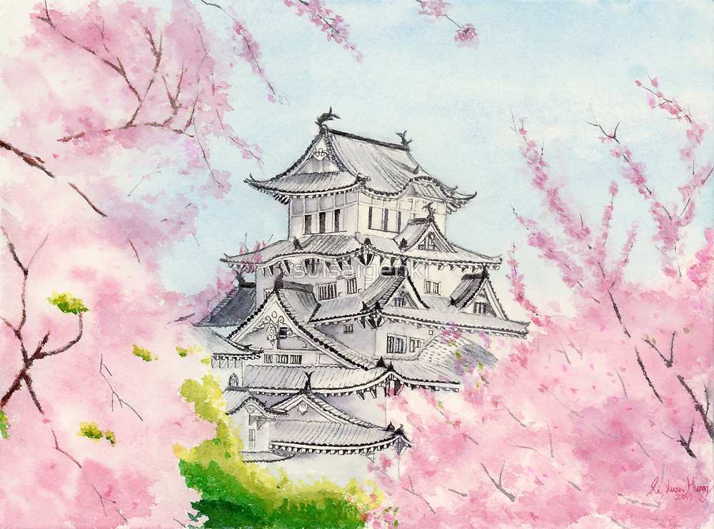 1000x741 Japanese Water Painting Fresh Himeji Castle Art Watercolor