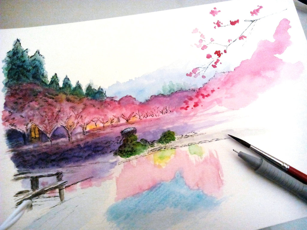 1024x768 Japanese Landscape Wip P.2 Ink And Watercolors By Musiriam On