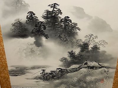 400x301 Large Japanese Watercolor Man Fishing River Landscape Painting