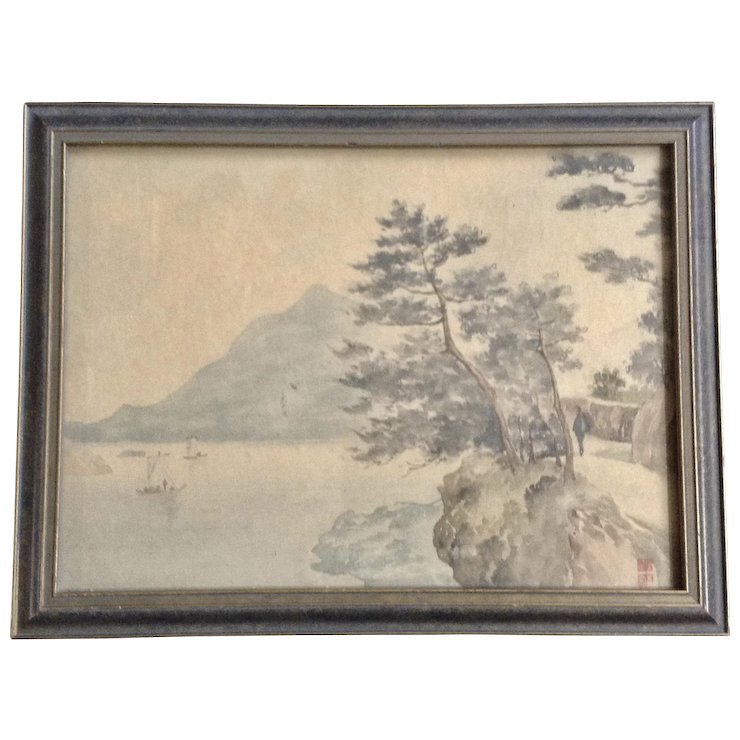 740x740 Vintage Japanese Watercolor Painting View Of Fisherman In The
