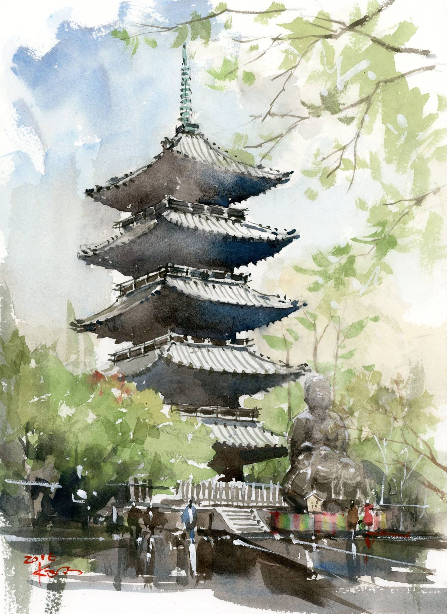 1456x2000 Kazuo Hasegawa Watercolor Landscapes With Structures, Figures