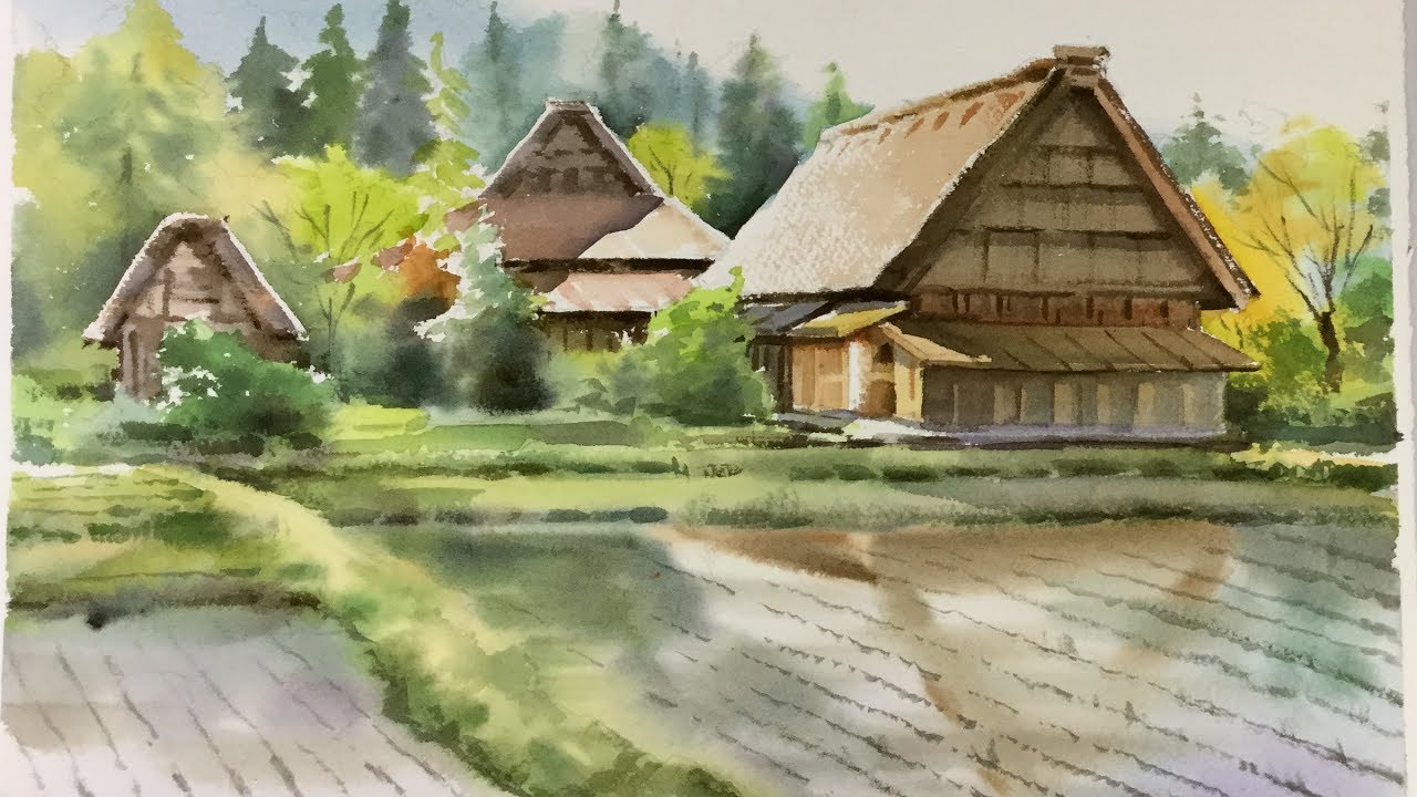 1280x720 Watercolor Landscape Painting Cottages