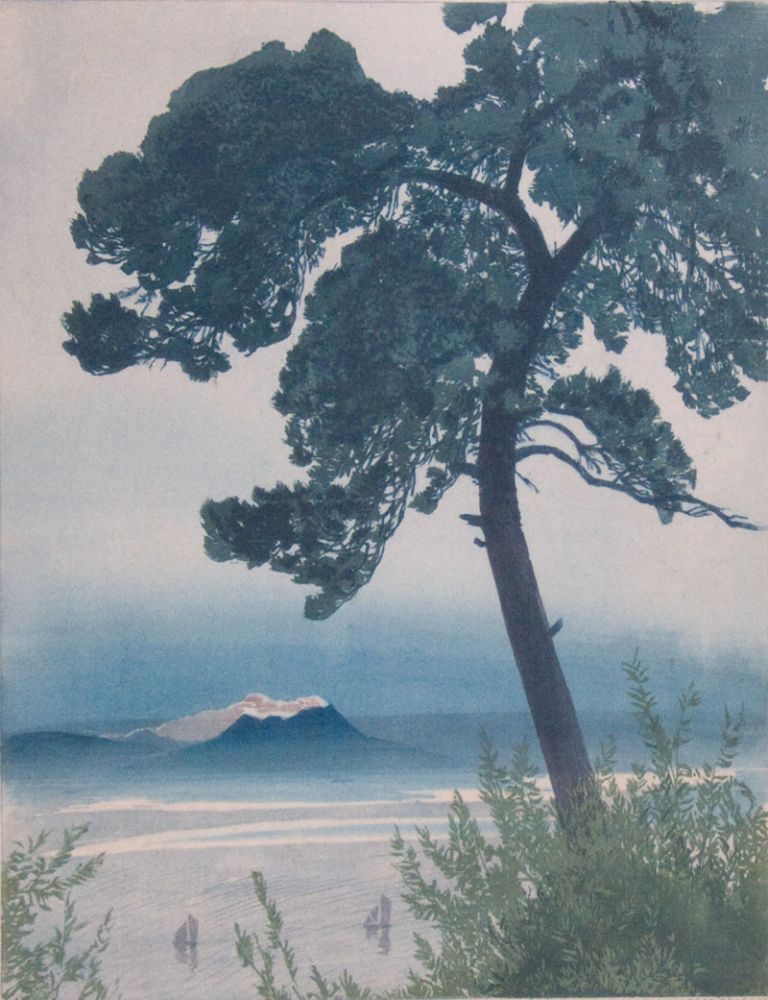 768x1000 Color Woodcut In Japanese Style Landscape, A Large Tree With A