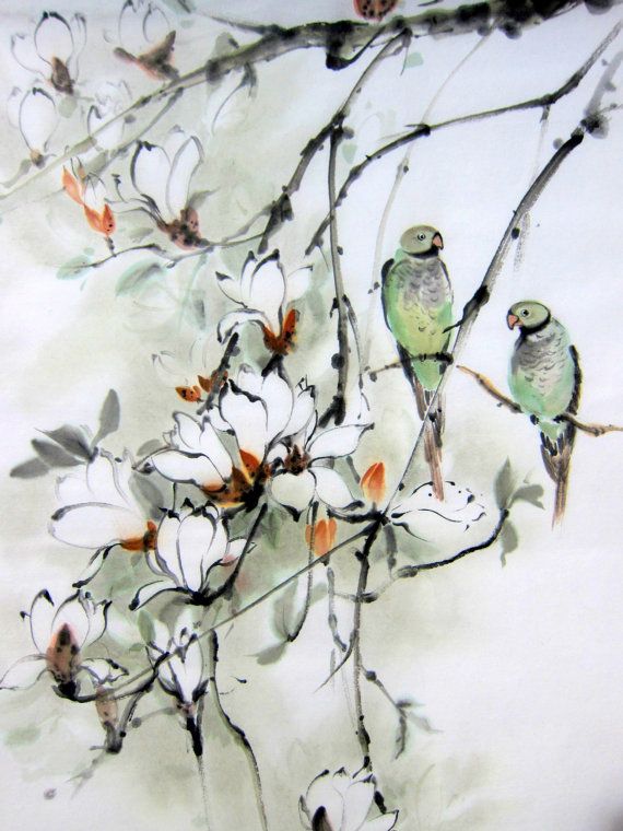 570x760 Ink Painting Japanese Art Asian Art Sumi E Suibokuga Flower Birds