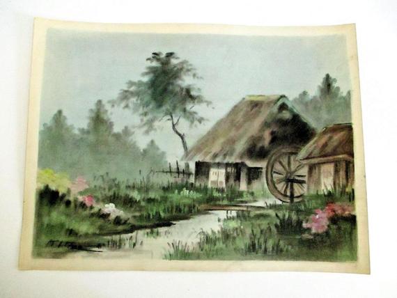 570x428 Vintage Japanese Watercolor Hut House Cottage Primitive Water Etsy