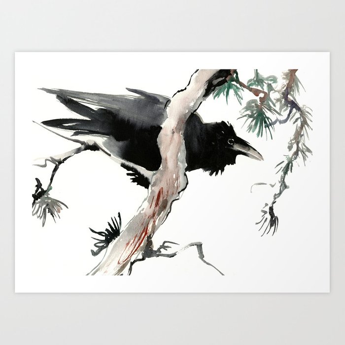 700x700 Raven, Japanese Ink Art, Traditional Asian Watercolor Art Print By