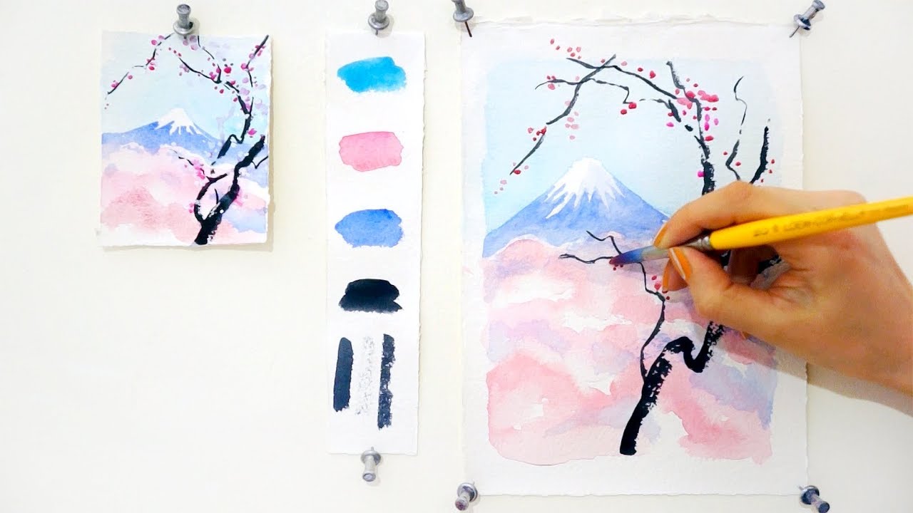 1280x720 Cherry Blossom And Mount Fuji. Step By Step Watercolor Tutorial