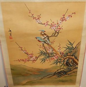 296x300 Old Japanese Two Birds On A Blossom Tree Original Watercolor