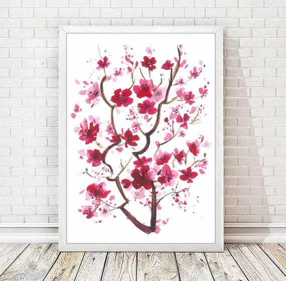 570x561 Cherry Blossom Watercolor Print Japanese Abstract Painting Etsy