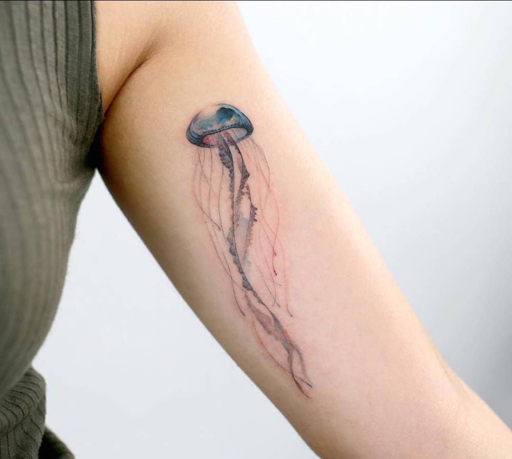 1000x897 Watercolor Jellyfish Tattoo On The Left Inner Arm. Tatuajes