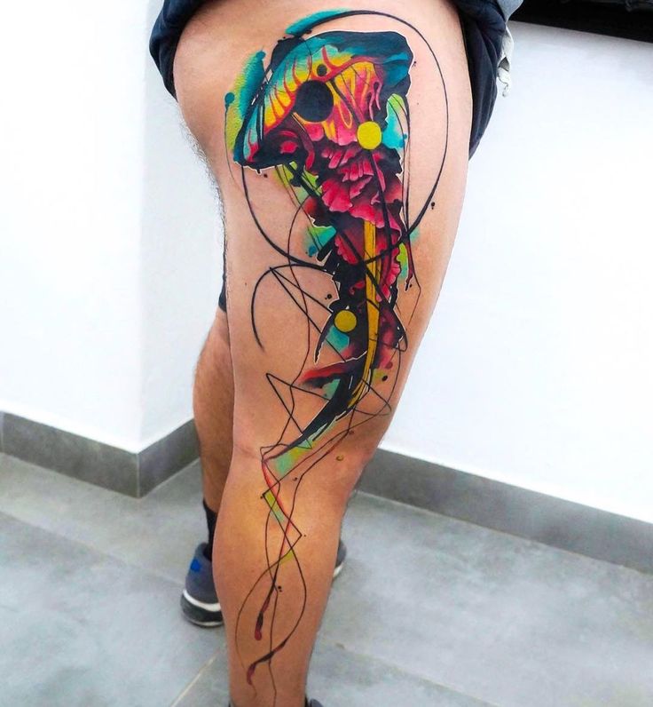 736x796 Watercolor Jellyfish Tattoo On Thigh