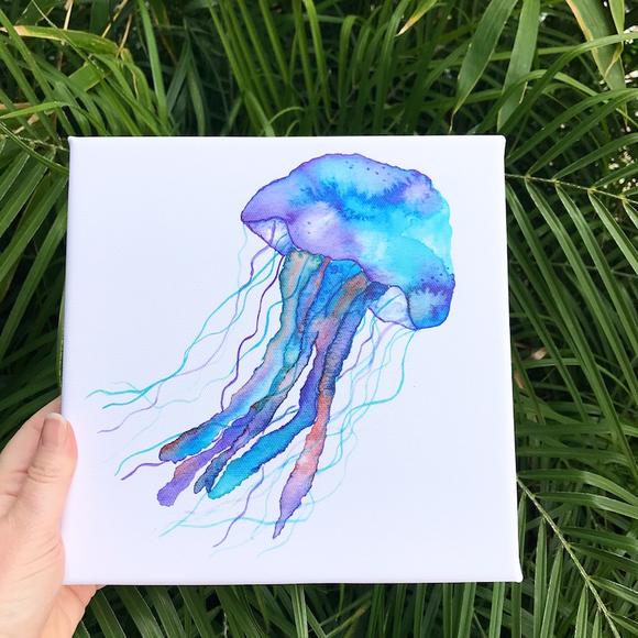 580x580 Jellyfish Watercolor Painting On Canvas 8x8, Ready To Hang
