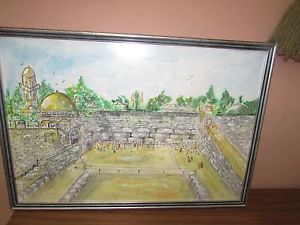 300x225 Signed Vintage Jewish Jerusalem Watercolor Painting 13 X 19