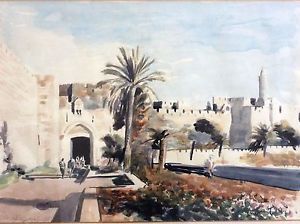 300x224 Arie Azene, Large Watercolor, Jerusalem Jaffa Gate , Signed, Old