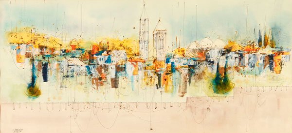 600x275 Vintage Israeli Watercolor, Jerusalem, Circa 1950