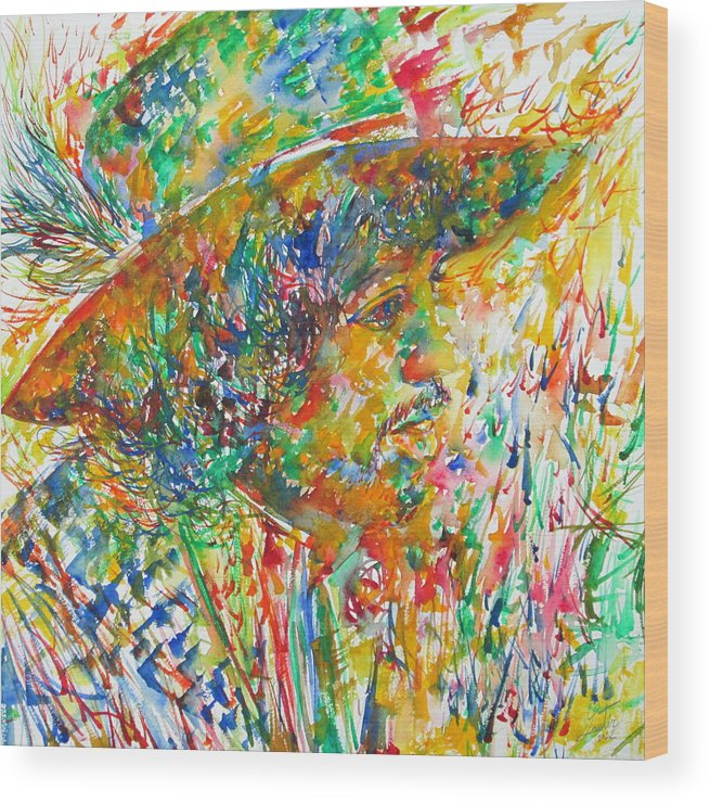 655x740 Jimi Hendrix With Hat Watercolor Portrait Wood Print By Fabrizio