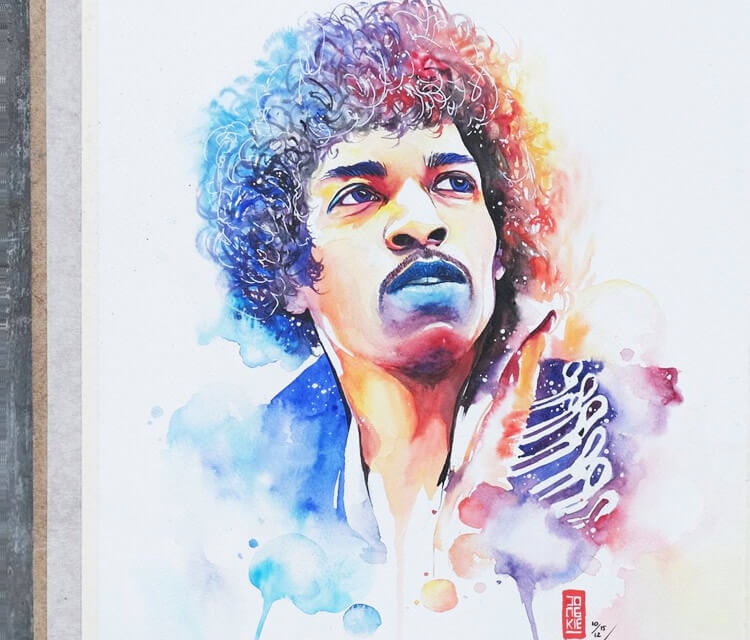 750x640 Jimi Hendrix Watercolor Painting By Art Jongkie No. 2592