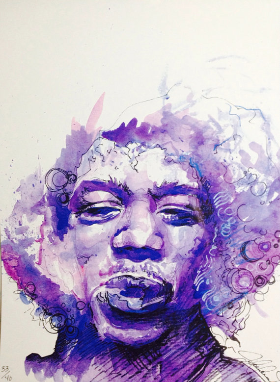 570x779 Purple Haze, Original Watercolor Print Of Jimi Hendrix