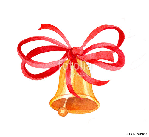 500x459 Bell And Ribbon Watercolor Illustration, Chritmas Golden Jingle