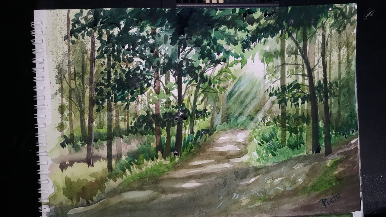 1280x720 Watercolor Painting Of A Landscape Road Through Jungle Trees