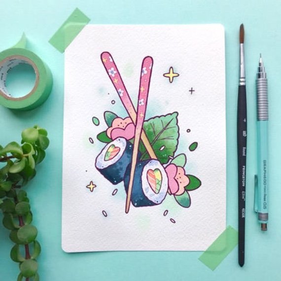 570x570 Sushi Lovers Kawaii Watercolor Tattoo Flash Print By Michelle Etsy
