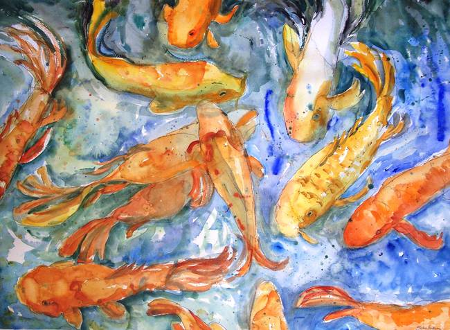 650x476 Koi Olympiad, Watercolor Painting Koi Carp Fish Ar By Miriam Schulman