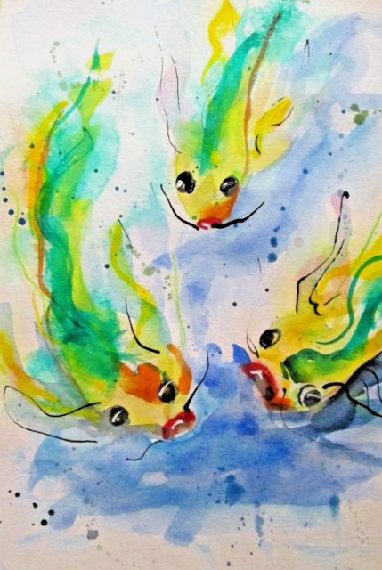 429x640 Koi Fish Pond Watercolor Painting Animal Wildlife Impressionism