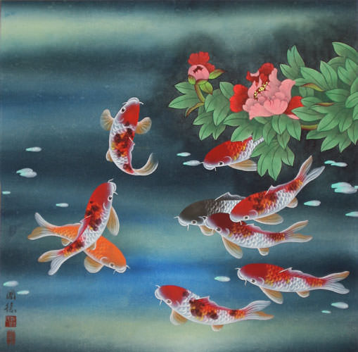509x500 Nine Koi Fish And Flowers Asian Painting