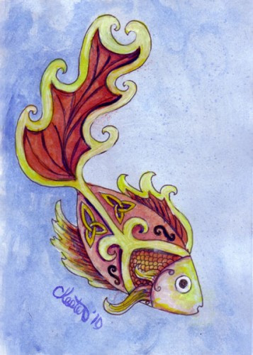 357x500 Red Gold Koi Fish Original Painting Watercolor Framed