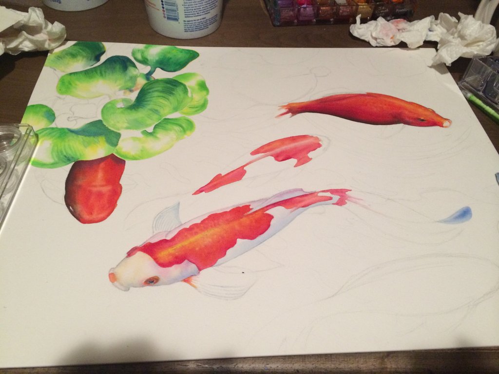 1024x768 Original Watercolor Painting Koi Fish Pond Art, Nature Art, Art