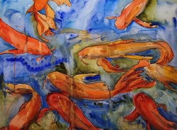 350x258 Golden Koi, Watercolor Painting Koi Carp Fish Art By Miriam Schulman