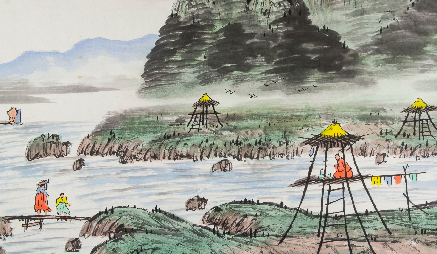 1800x1047 Korean Watercolour Mountain Coast Artist Signed