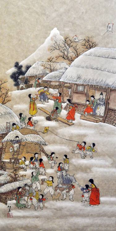 375x746 Traditional Korean Winter Folk Village Original Watercolor