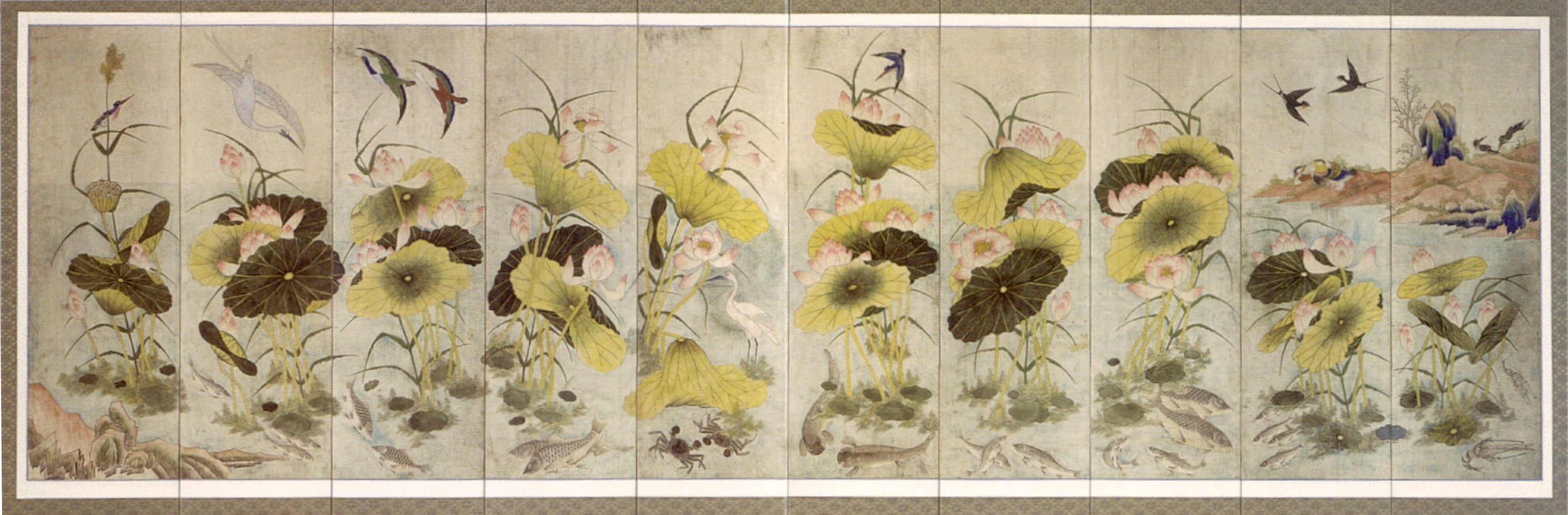 2988x982 Filekorean Folding Screen, Ink And Color Paintings Of Lotus, Fish