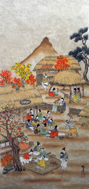 375x793 Traditional Korean Folk Autumn Plowing Original Watercolor
