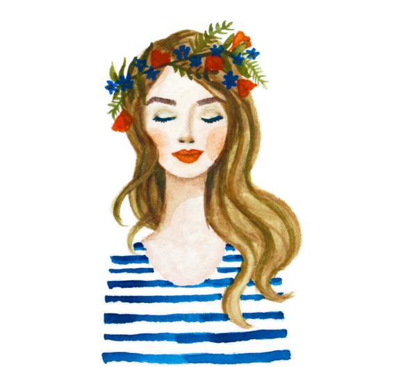 570x529 Print Of Blue Flower Crown Girl Watercolor Painting. Coral Etsy