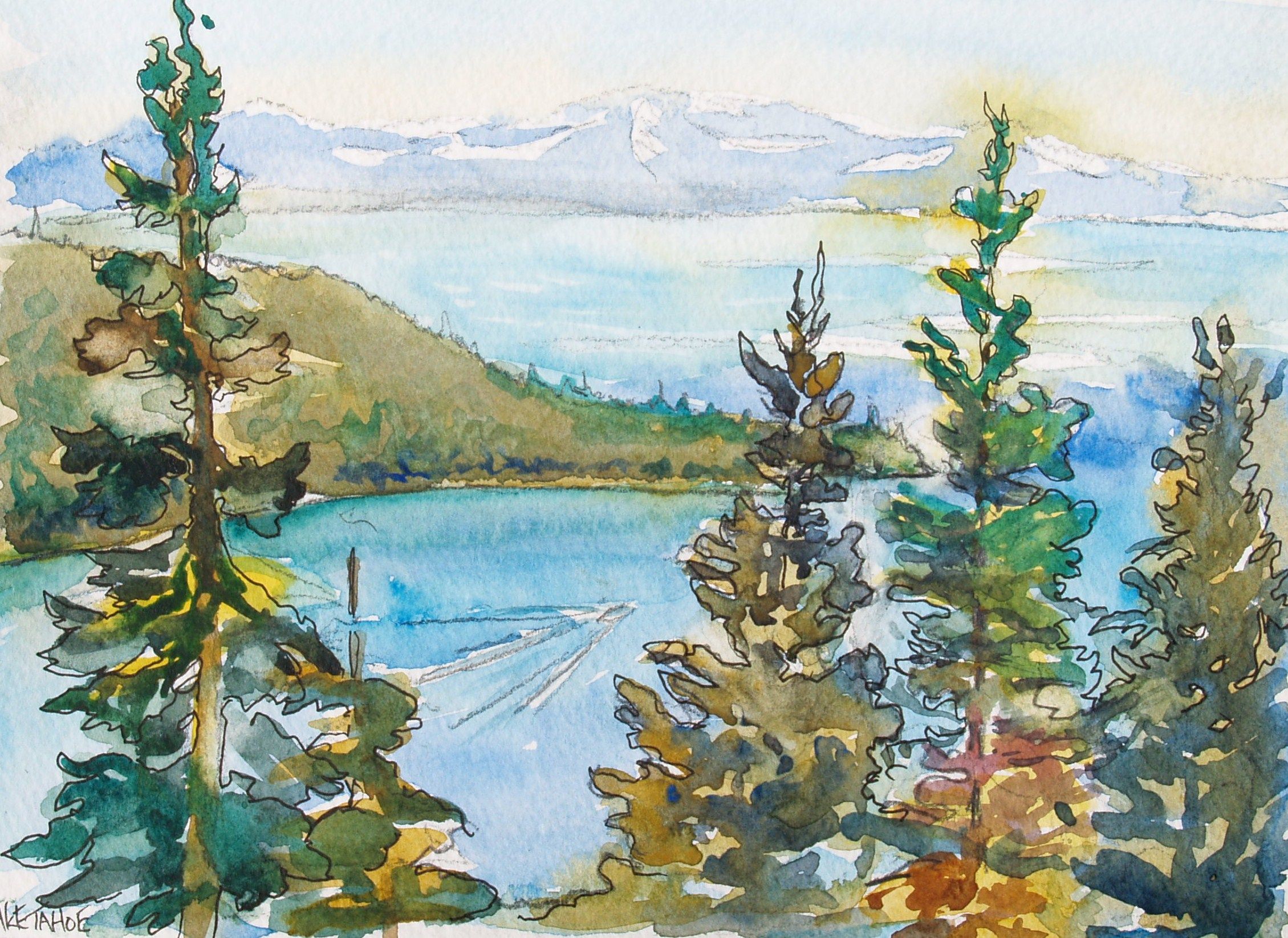 2259x1645 Lake Tahoe. Watercolor 9 By 7 Inches. The Road Here Drops Away