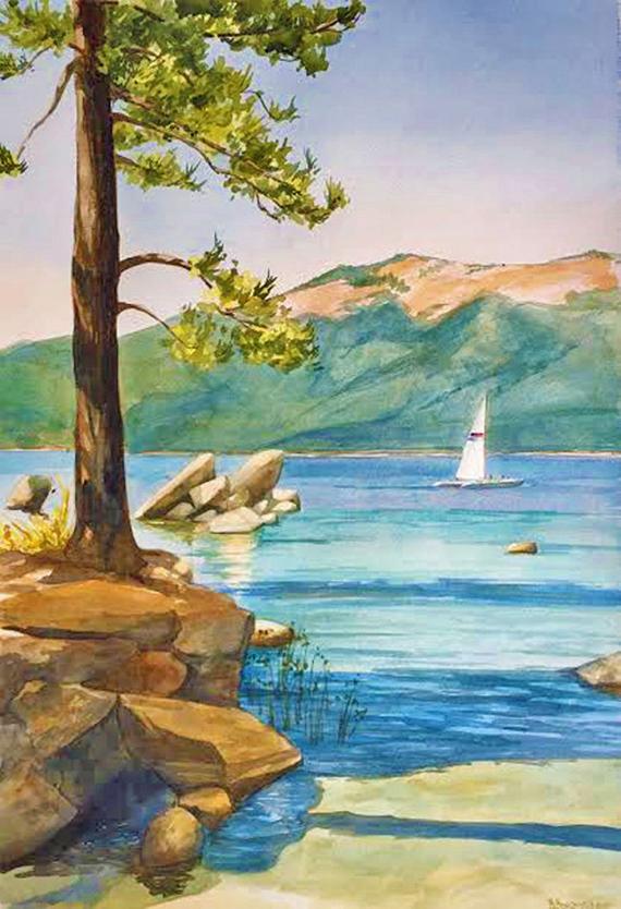 570x834 Original Lake Tahoe With Boat Watercolor Painting
