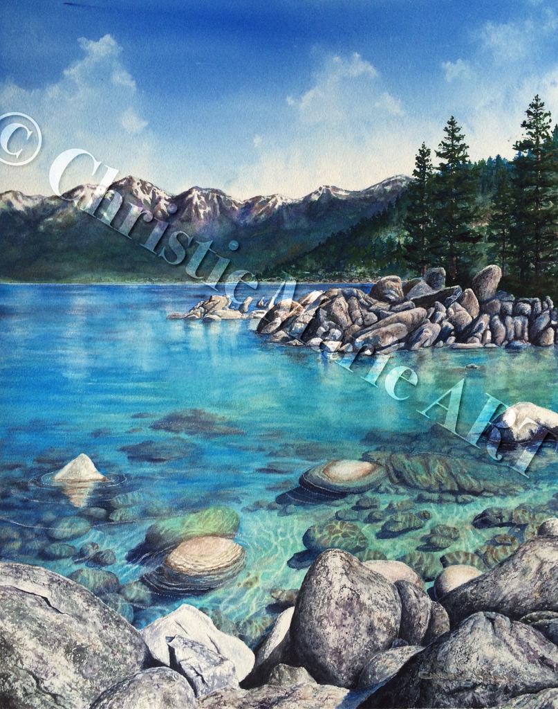 807x1024 Original Watercolor Painting Lake Tahoe Sand Harbor Art Turquoise