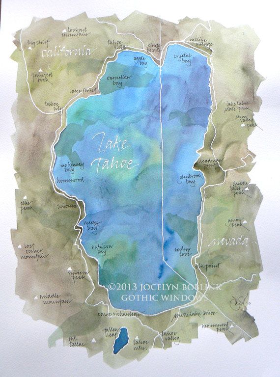 570x768 Watercolor Map Of Lake Tahoe Original Signed By Jocelynsinkwell