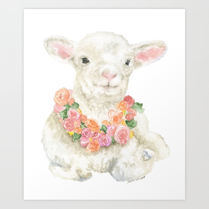 700x700 Baby Lamb Floral Watercolor Farm Animal Art Print By Susanwindsor