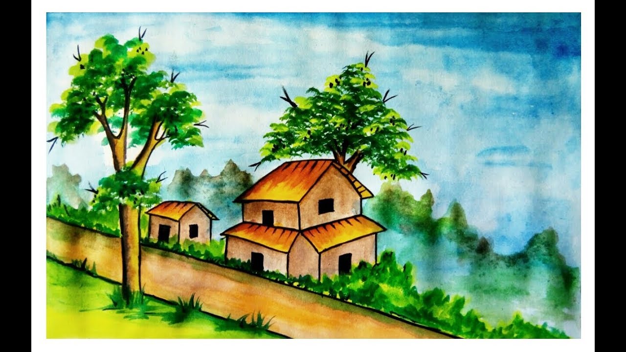 1280x720 Village Scenery Drawing With Watercolor ( Very Easy)