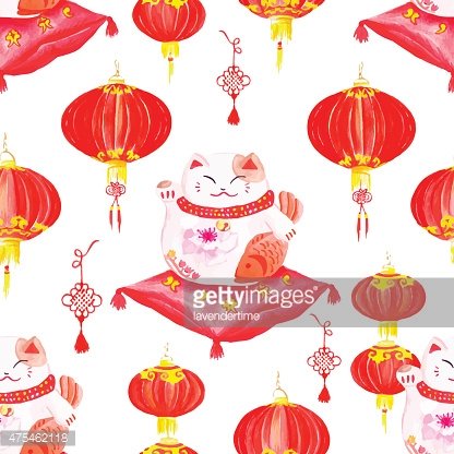 416x416 Oriental Print With Lanterns And Lucky Watercolor Premium Clipart